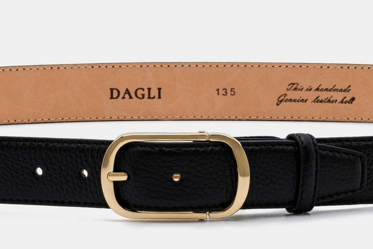 Black Textured Leather Belt – Gold Tone Buckle, 3.5 cm