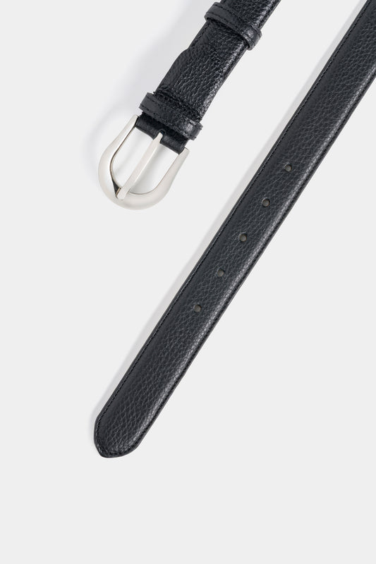 Black Grained Leather Belt with Silver - Tone Buckle – 3 cm