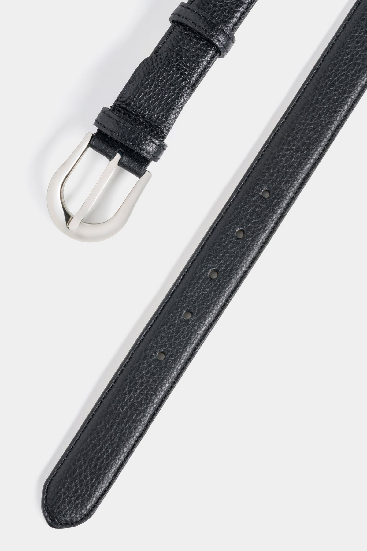 Black Grained Leather Belt with Silver - Tone Buckle – 3 cm