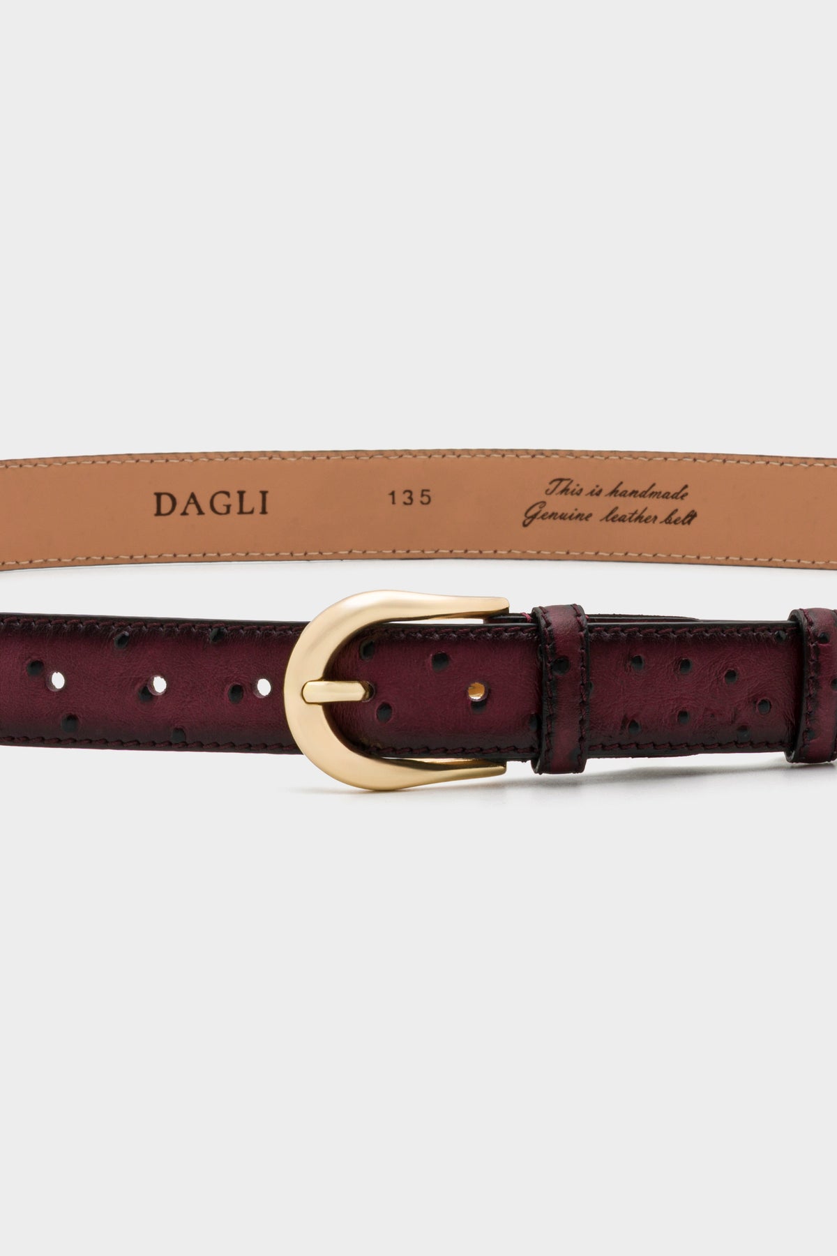 Burgundy Ostrich-Look Leather Belt – Gold-Tone Buckle, 3 cm