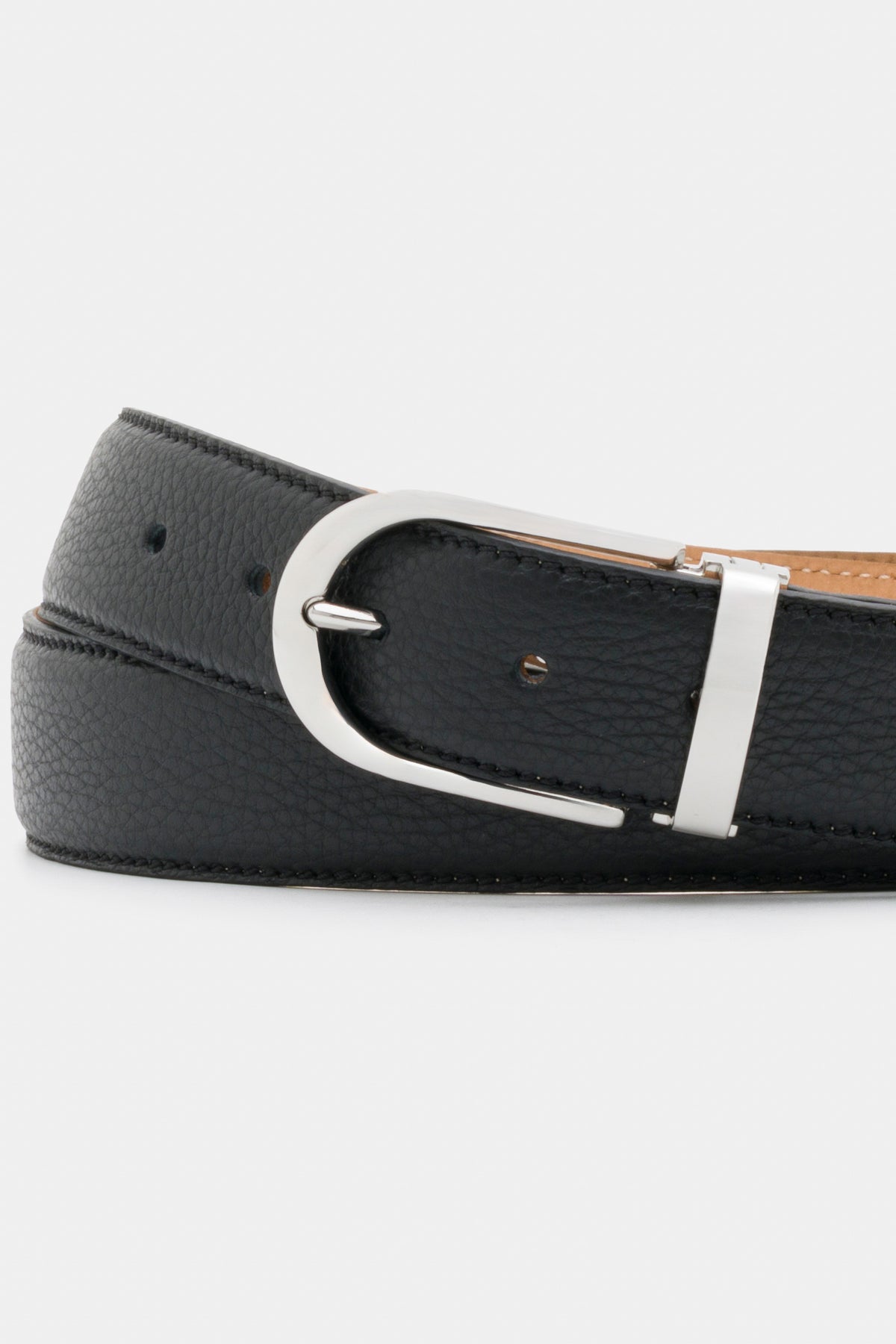 Black Grained Leather Belt with Silver-Tone Buckle - 3.5 cm