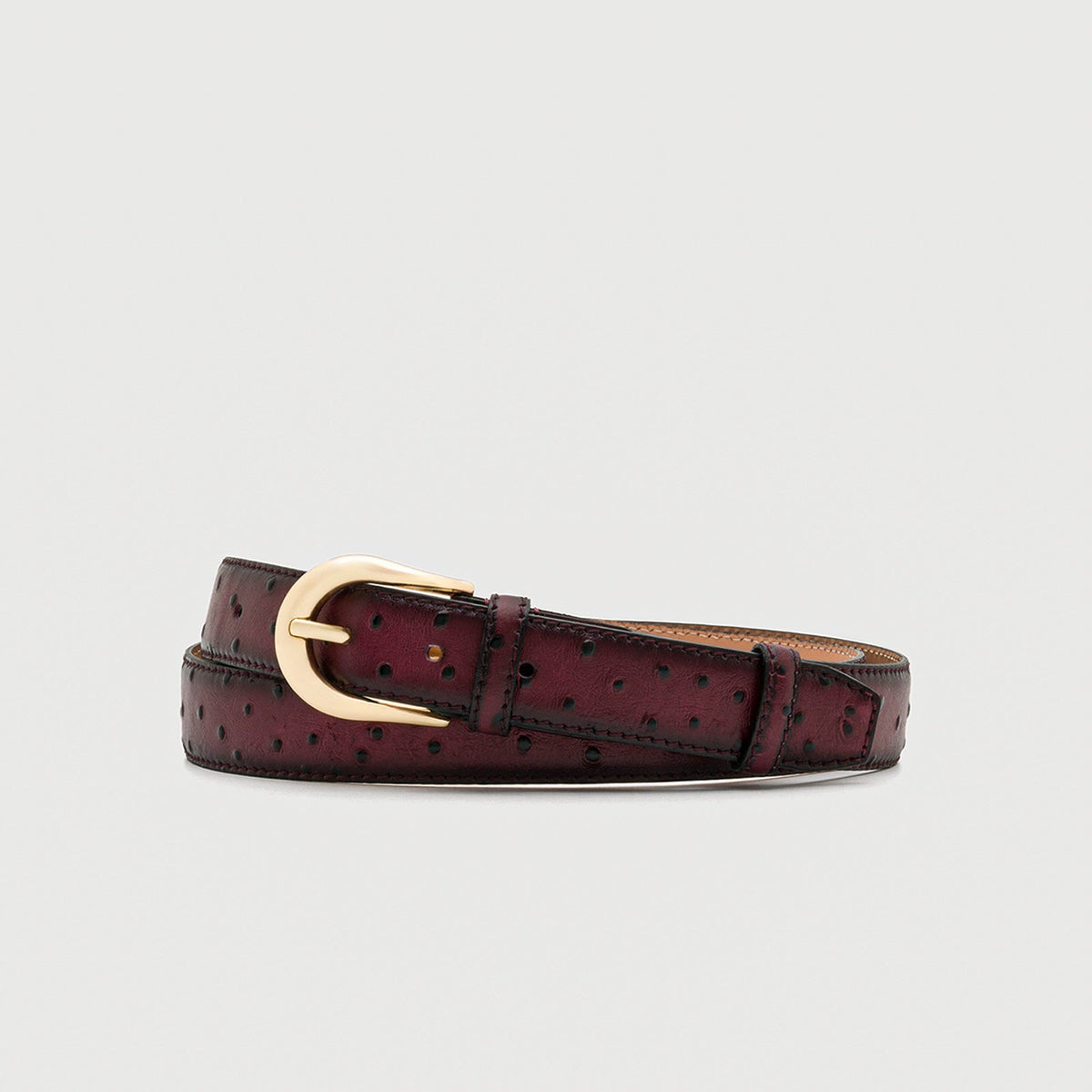 Burgundy Ostrich-Look Leather Belt – Gold-Tone Buckle, 3 cm