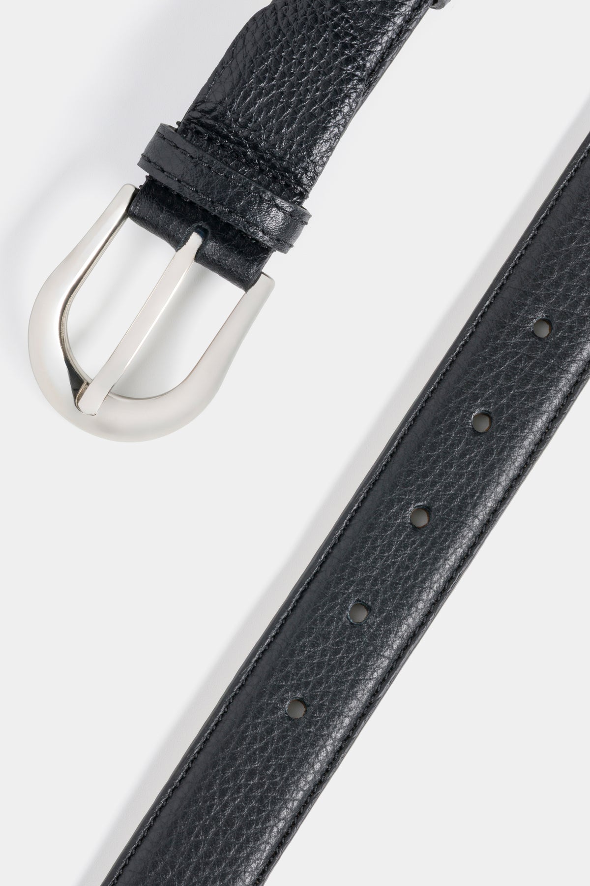 Black Grained Leather Belt with Silver - Tone Buckle – 3 cm