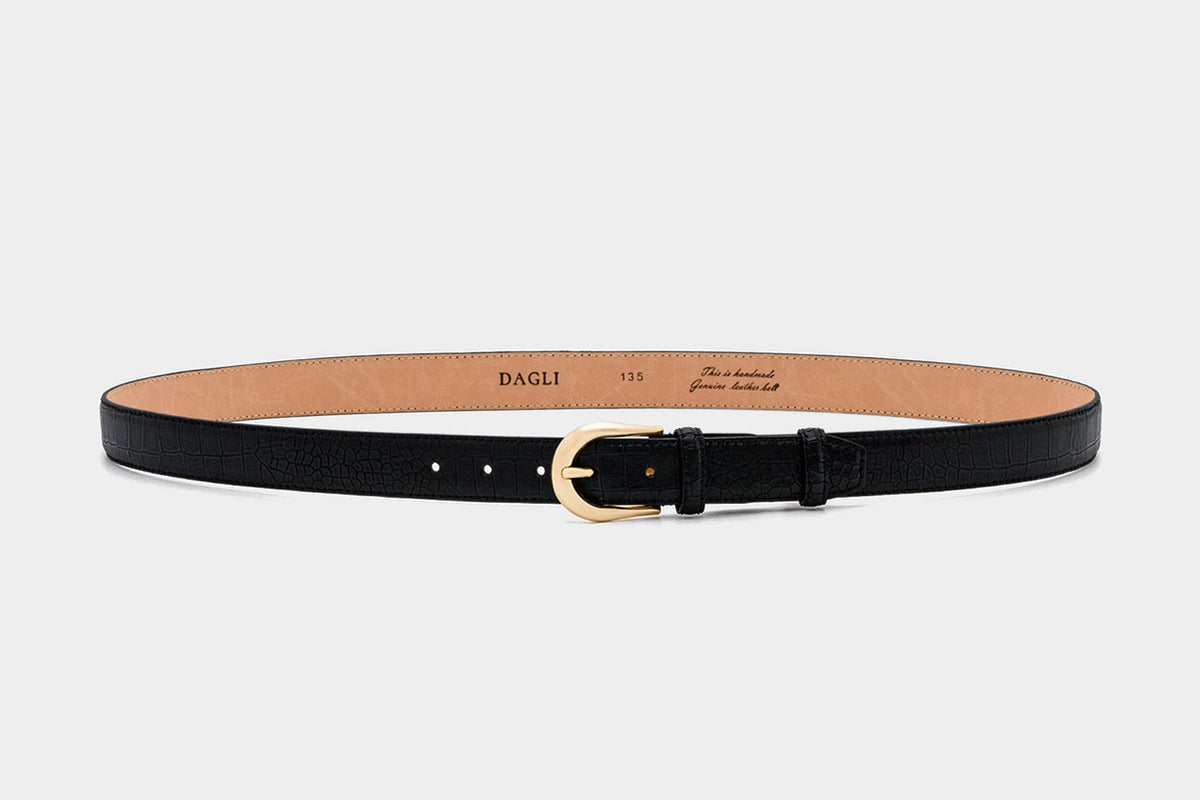Black Crocodile-Embossed Leather Belt – Gold-Tone Buckle, 3 cm