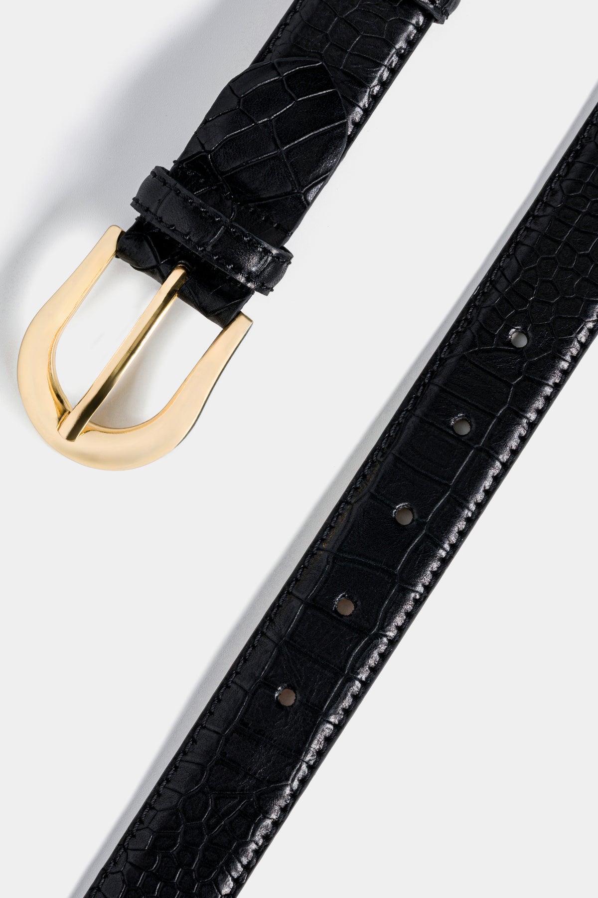 Black Crocodile-Embossed Leather Belt – Gold-Tone Buckle, 3 cm