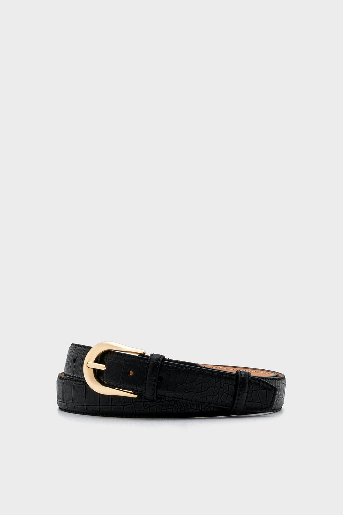 Black Crocodile-Embossed Leather Belt – Gold-Tone Buckle, 3 cm