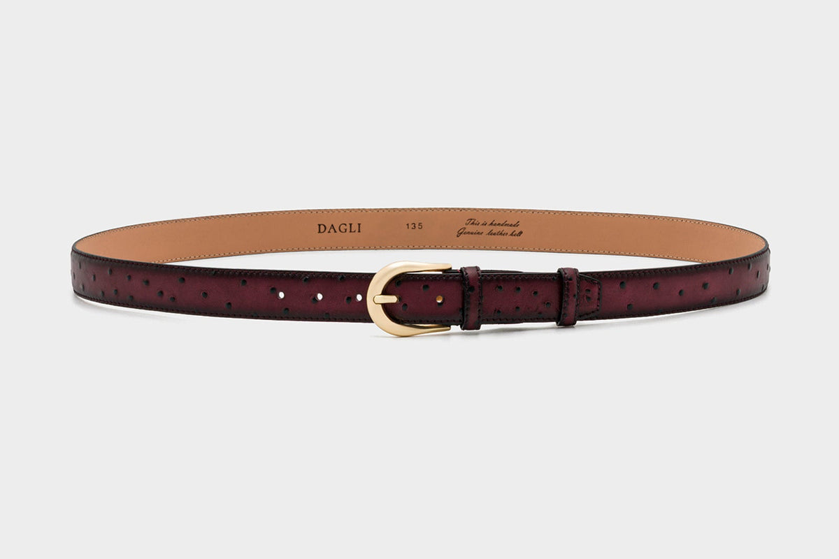 Burgundy Ostrich-Look Leather Belt – Gold-Tone Buckle, 3 cm