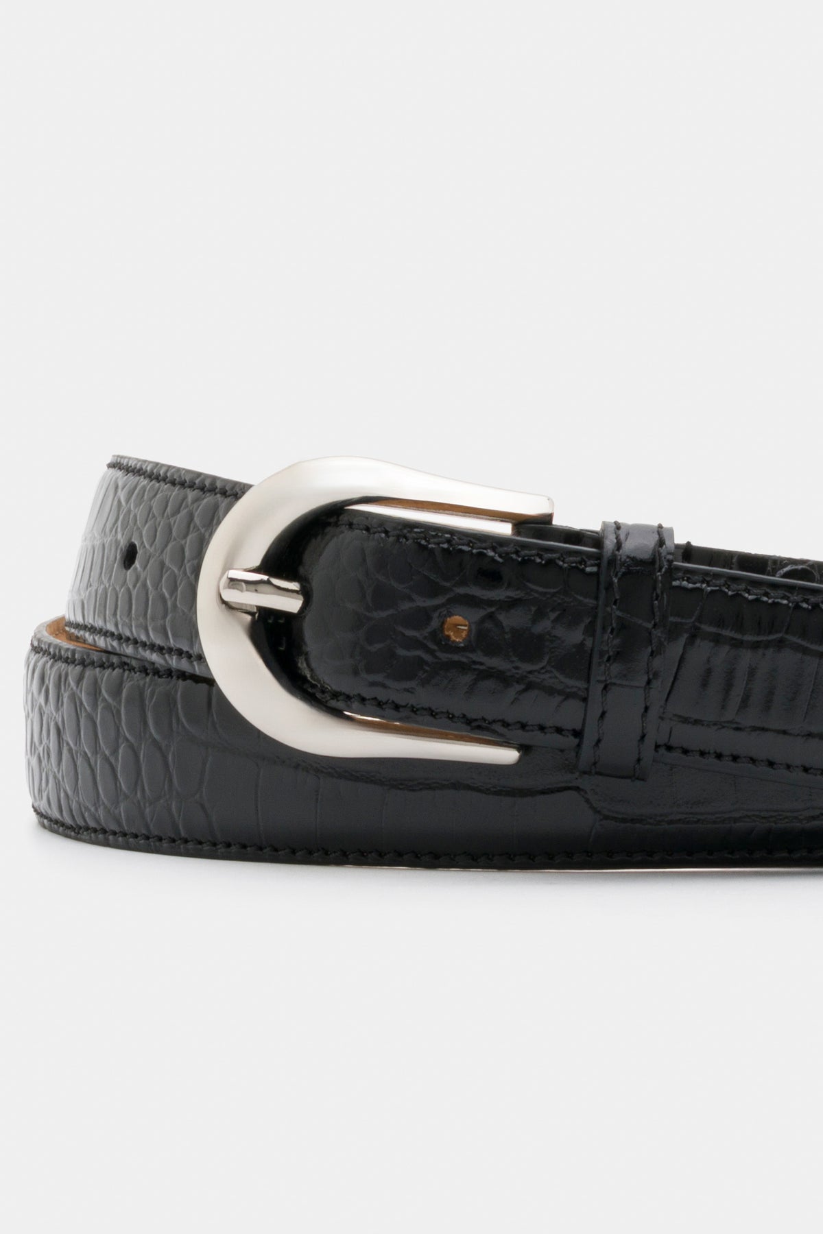 Black Crocodile-Embossed Leather Belt with Silver - Tone Buckle – 3 cm