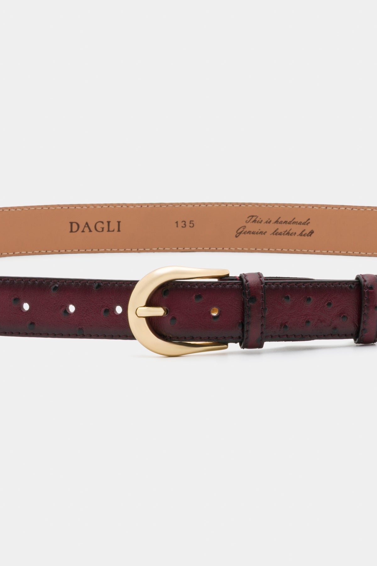 Burgundy Ostrich-Embossed Leather Belt with Gold-Tone Buckle - 3 cm