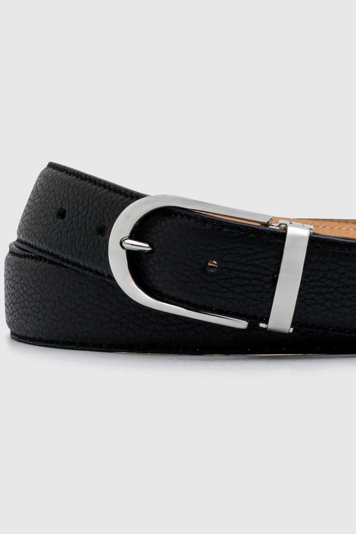 Black Textured Leather Belt – Silver Tone Buckle, 3.5 cm
