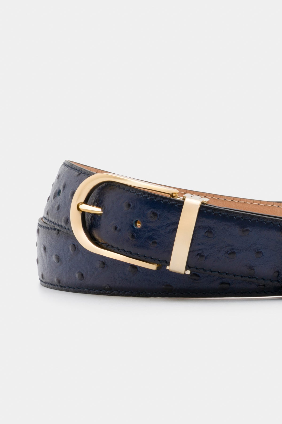 Navy Ostrich-Embossed Leather Belt with Gold-Tone Buckle - 3.5 cm