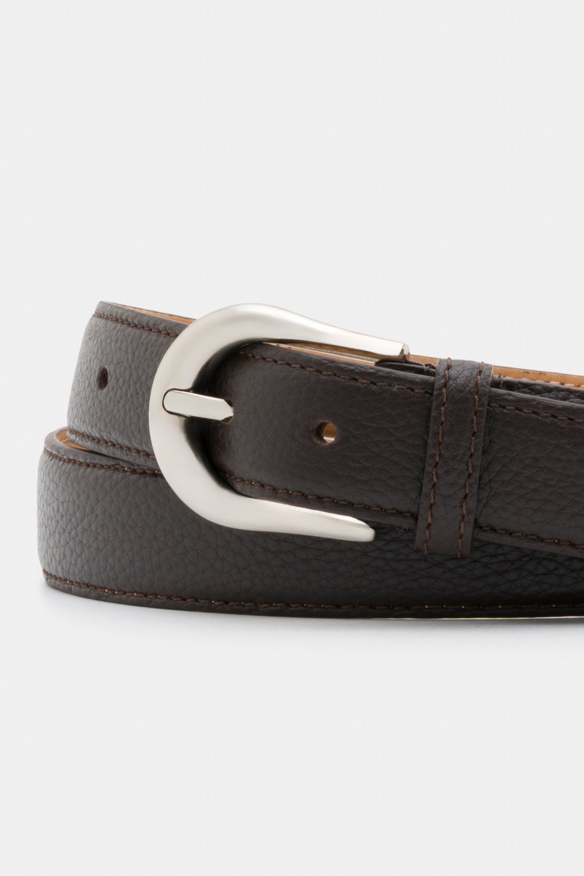 Dark Brown Grained Leather Belt with Silver - Tone Buckle – 3 cm