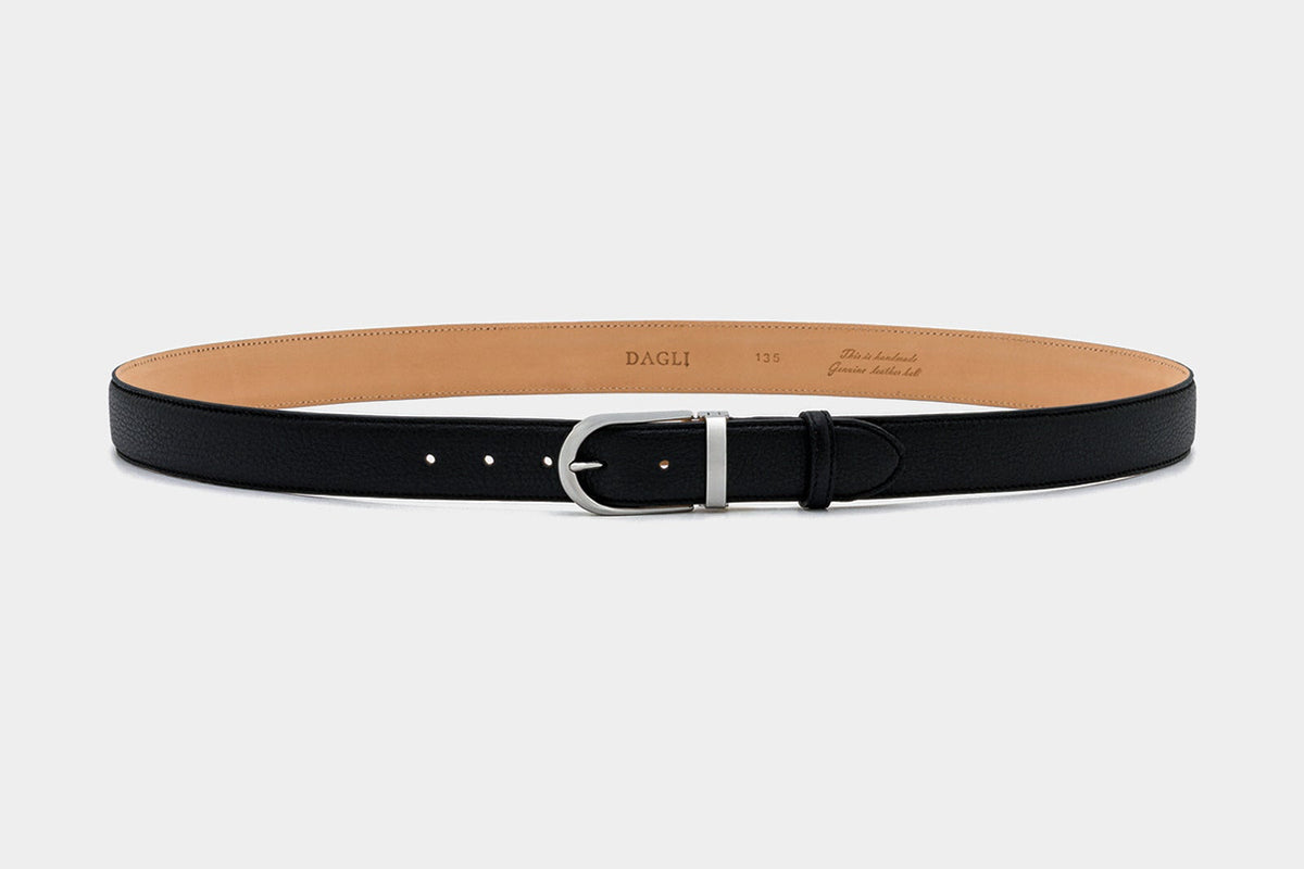 Black Textured Leather Belt – Silver Tone Buckle, 3.5 cm