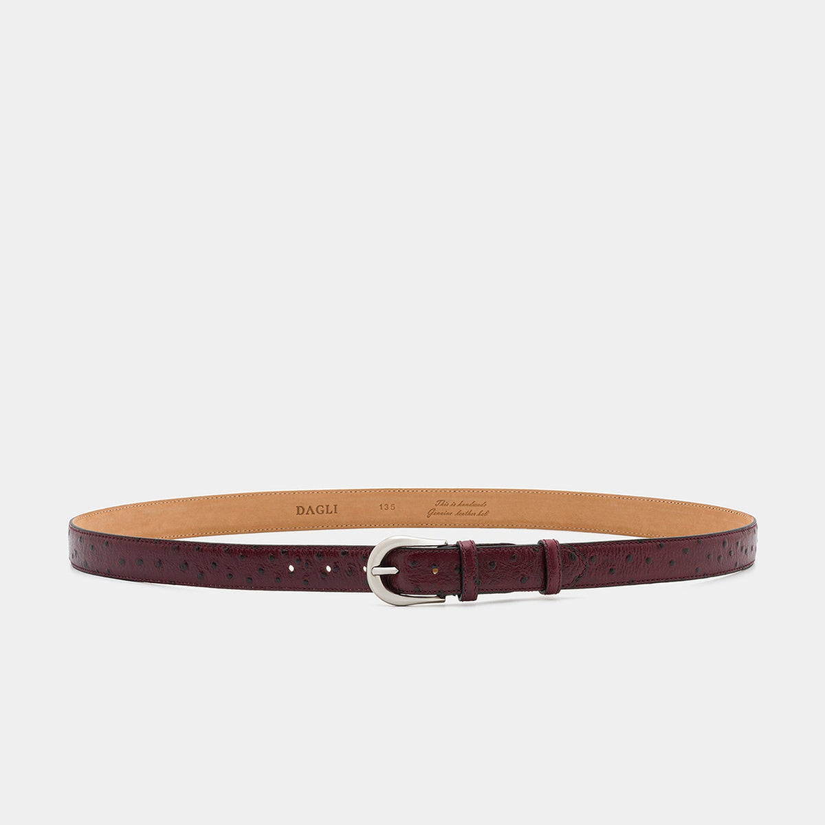 Burgundy Ostrich-Embossed Leather Belt with Silver - Tone Buckle – 3 cm