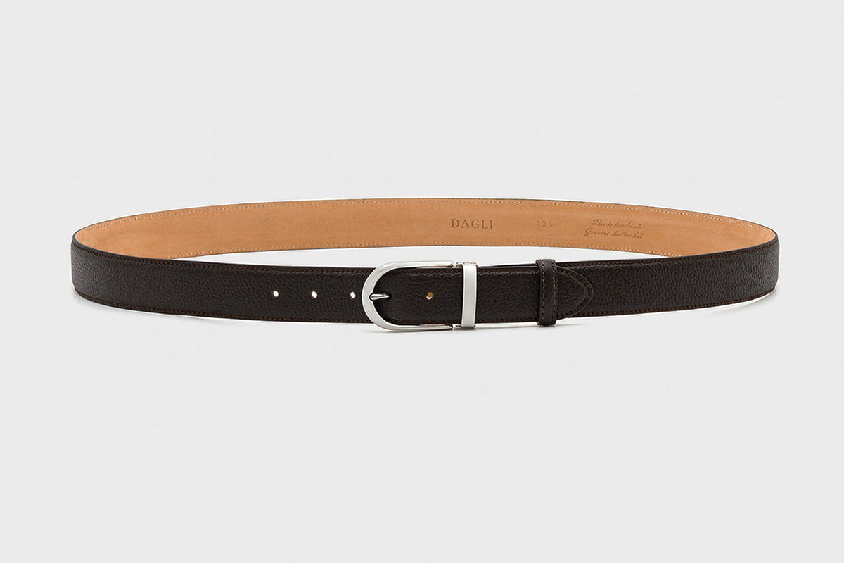 Dark Brown Textured Leather Belt – Silver Tone Buckle, 3.5 cm