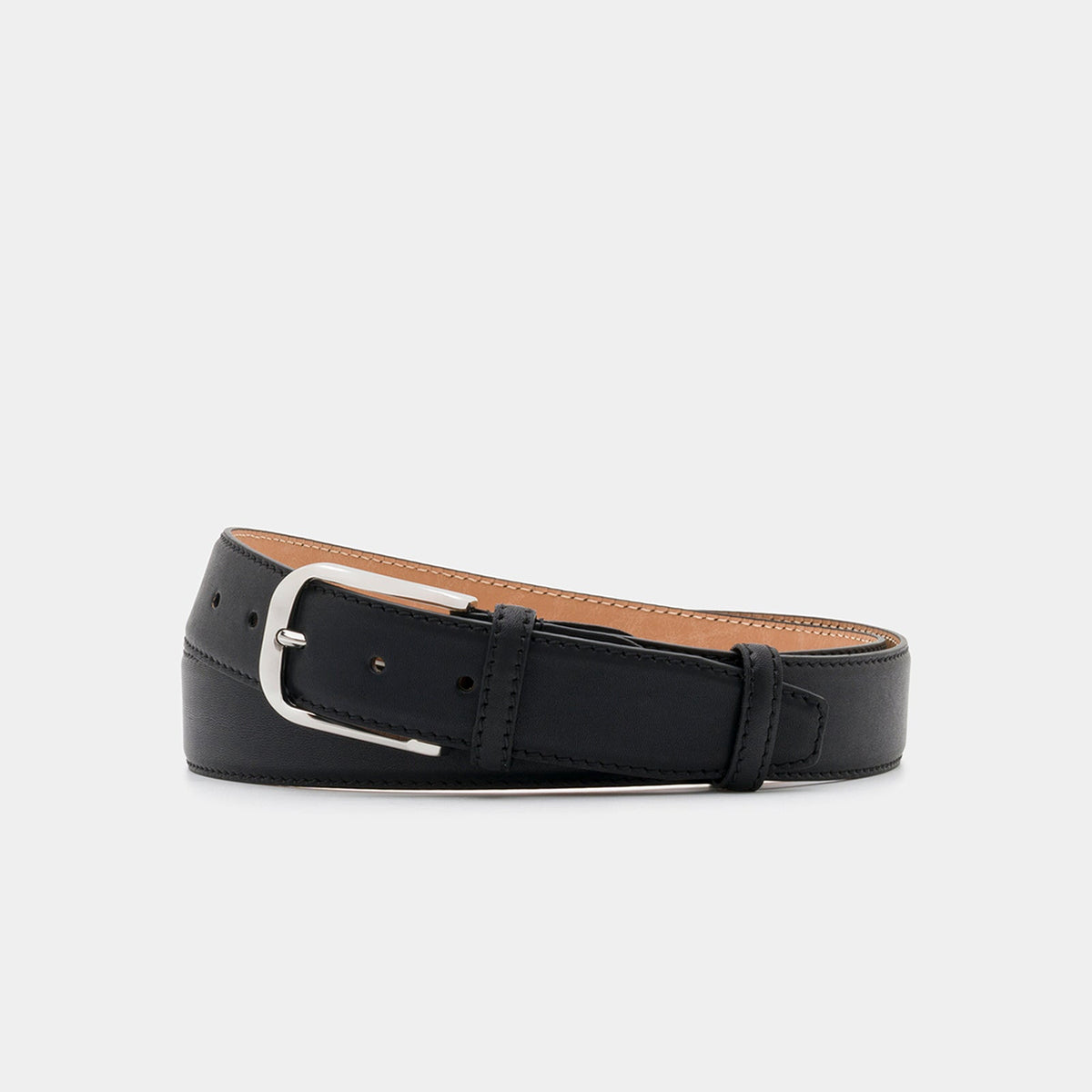 Black Smooth Leather Belt with Silver-Tone Buckle - 3.5 cm