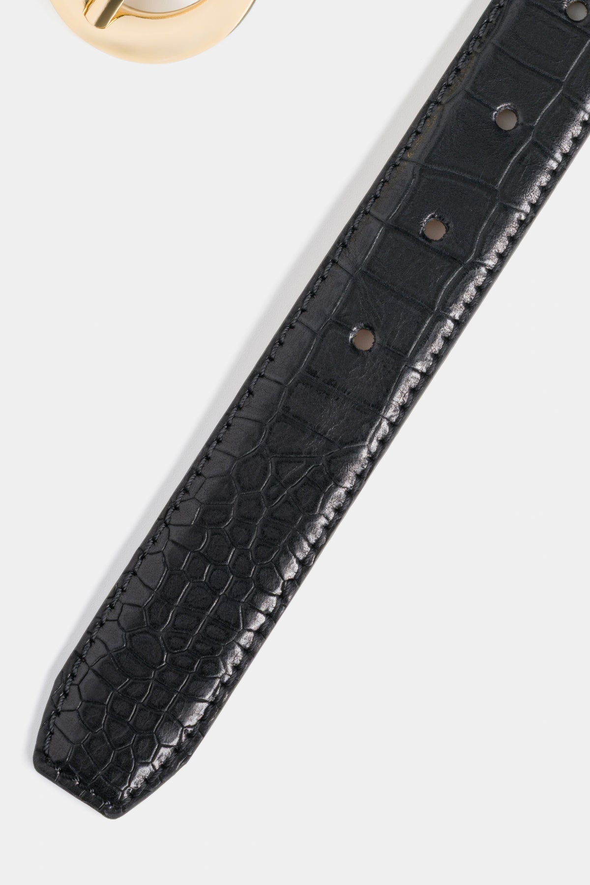 Black Croc-Embossed Leather Belt with Gold-Tone Buckle - 3 cm