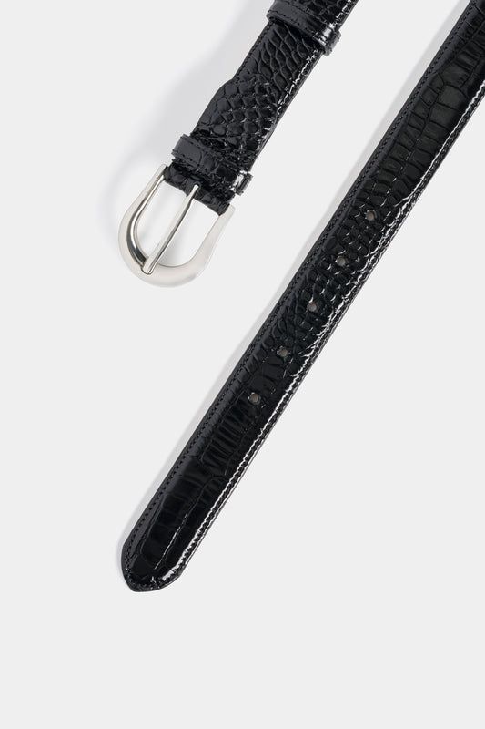 Black Crocodile-Embossed Leather Belt with Silver - Tone Buckle – 3 cm
