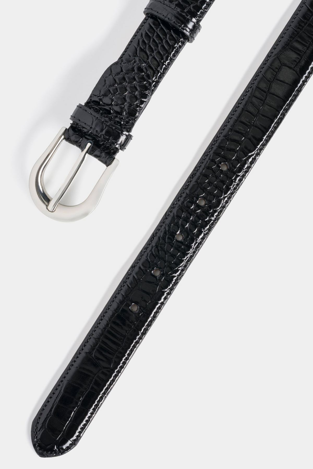 Black Crocodile-Embossed Leather Belt with Silver - Tone Buckle – 3 cm